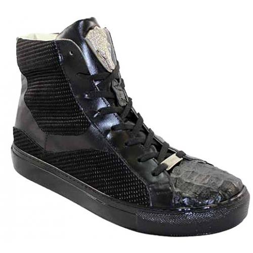 Fennix Italy 3246 Black Genuine Hornback Crocodile / Deer Skin Print / Calf Sneakers.